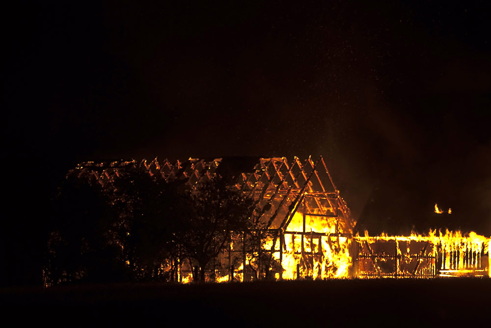 Barn fire at night